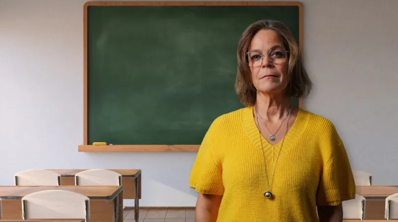 Anna iklädd en gul tröja står i ett tomt klassrum.