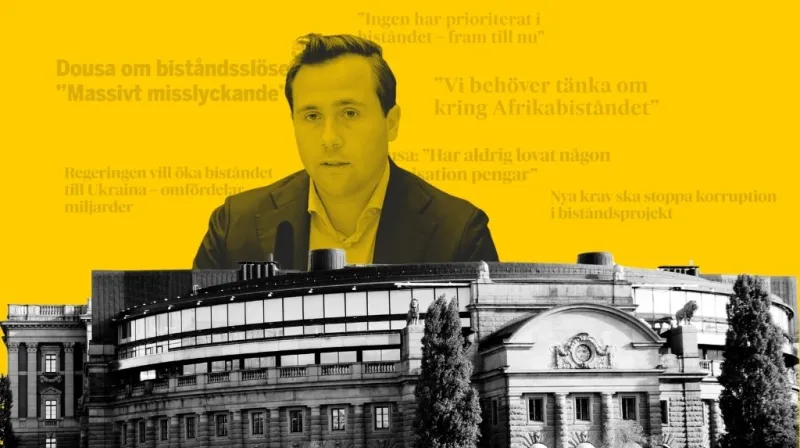 Bildkollage med Biståndsminister Benjamin Dousa, riksdagshuset och tidningsrubriker om biståndet.