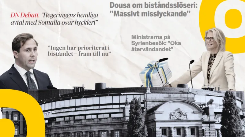 Collage med riksdagen, biståndsminsitern, finansminsitern samt rubriker om bistånd från året som gått