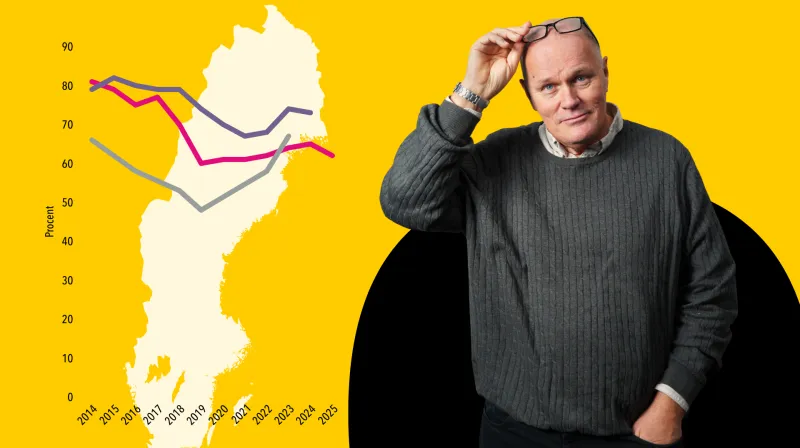 Göran Holmqvist står vid en Sverigekarta som har en graf över sig.