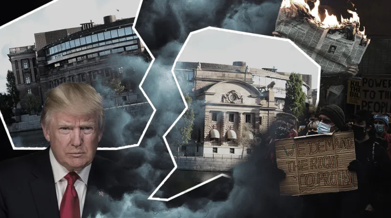 Kollage med bilder på Trump, riksdagshuset, en brinnande papperstidning och demonstranter med skylen vi kräver vår rätt att protestera.